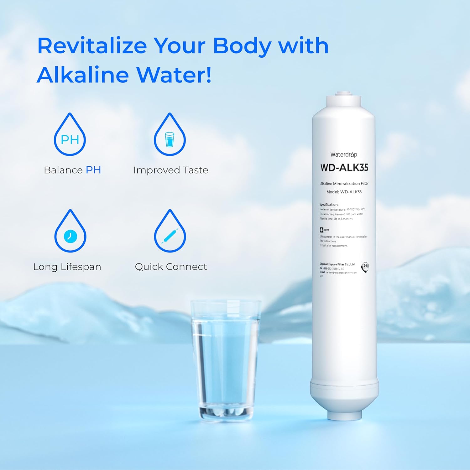 Waterdrop PMT Small Water Pressure Tank with Alkaline Water Filter WD-ALK35, RO Pressure Tank for All Tankless Reverse Osmosis System, Mini Reverse Osmosis Storage Tank, Bundle