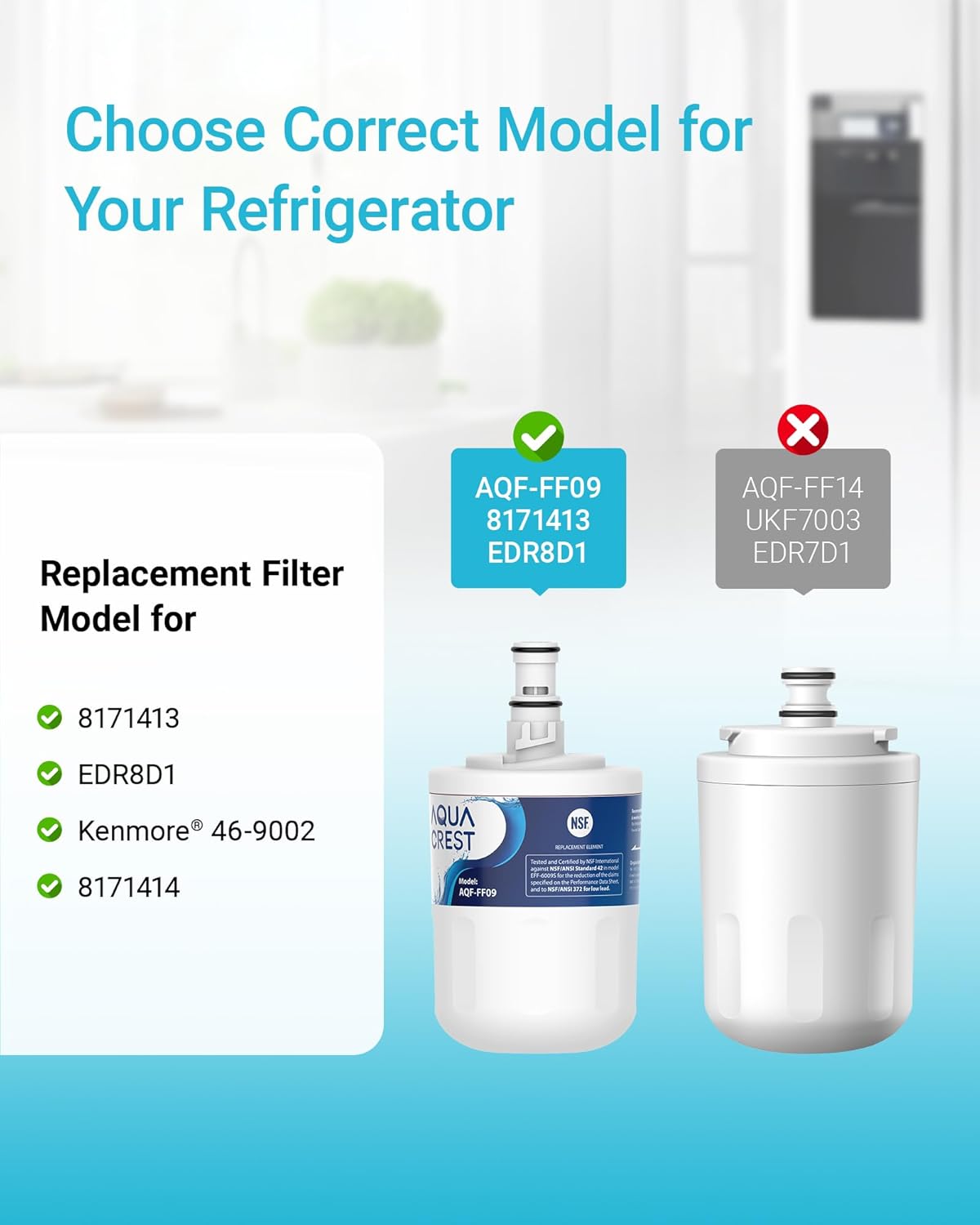 AQUA CREST 8171413 Refrigerator Water Filter, Replacement for Whirlpool 8171413, 8171414, EDR8D1, Kenmore 46-9002 (Pack of 3)