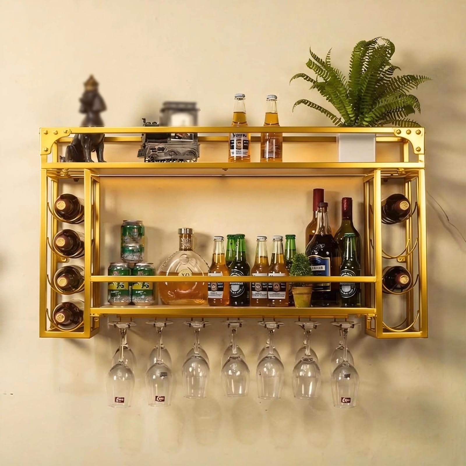 Porte Bouteille de Vin Mural Fer Crochets à Verres Laque Thermique | Soudure Manuelle, Facile à Nettoyer, Tablettes Bois, Comptoir de Bars, Restaurant, Café, Salon, Bistro(Gold)