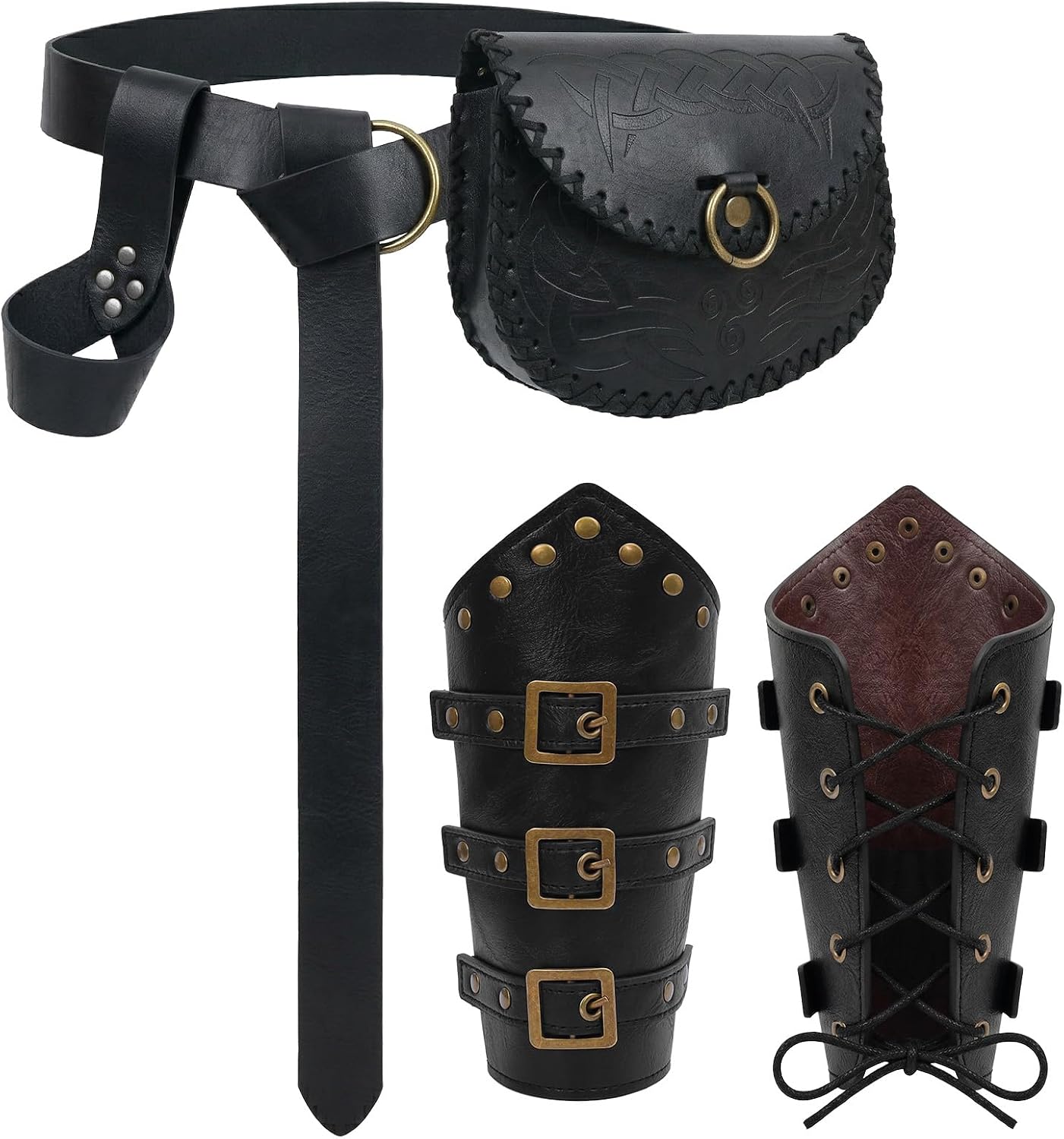 Renaissance Belt Pouch Set,Viking Embossed Bag,Leather Bracers,Sword belt,Renaissance Medieval Accessories for LARP