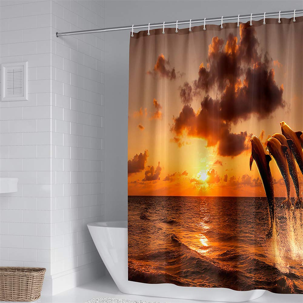 Rideau De Douche 180x180cm Dauphins 3D - Tissu Polyester Imperméable Lavable Avec 12 Crochets