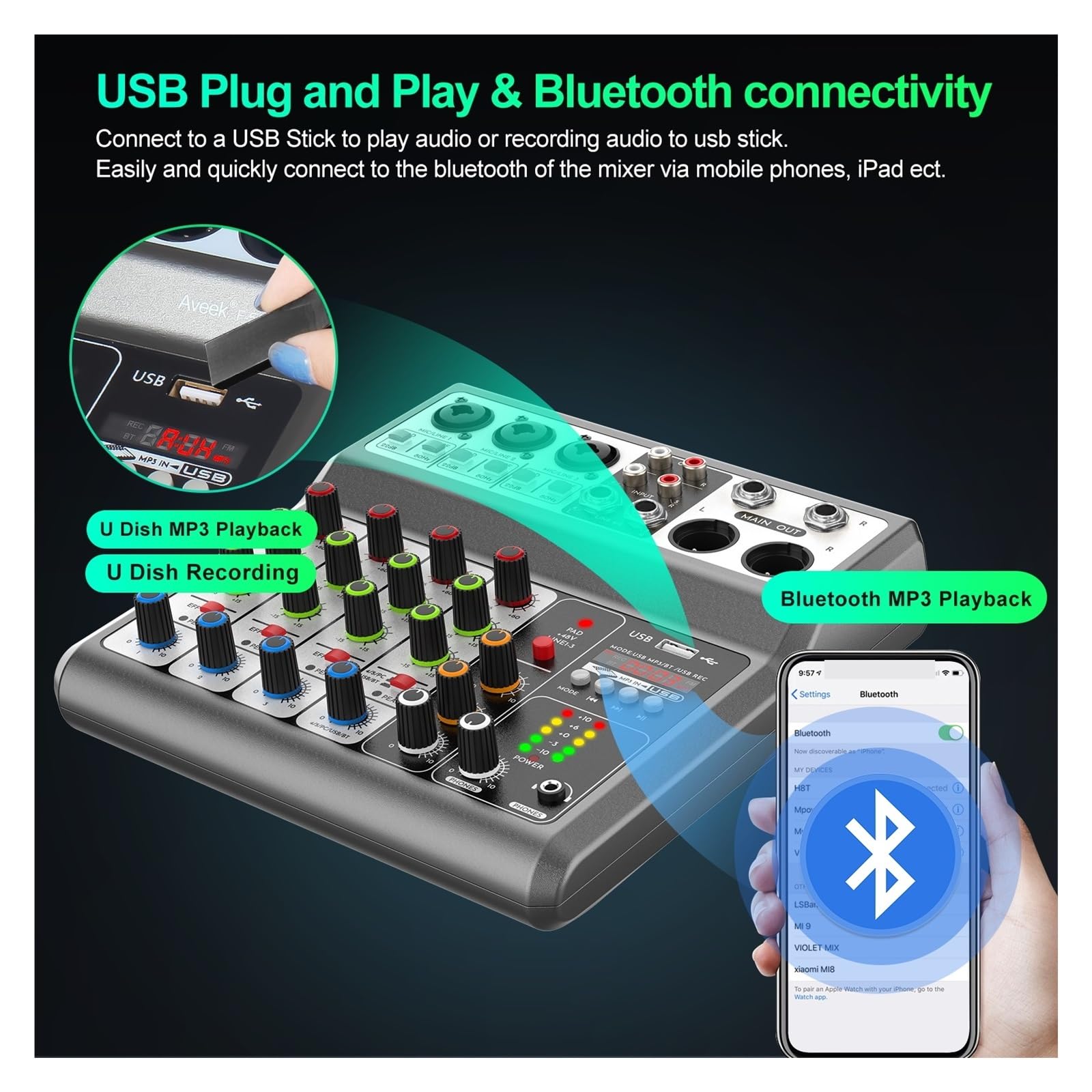 Console De Mixage Audio Professionnelle Avec 5 Canaux Numériques USB, Bluetooth Et Effet D'écho/délai, Entrée Stéréo 48 V