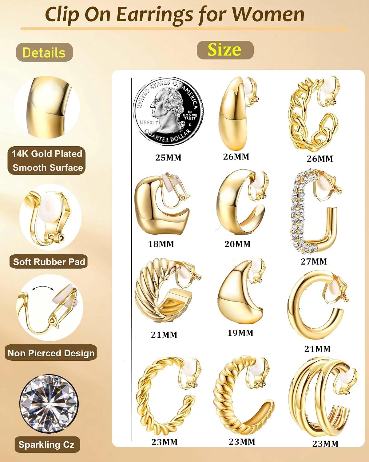 12 Pairs Clip on Earrings for Women 14K Gold Plated Chunky Clip-on Hoop Earrings Set Trendy Hypoallergenic Non-Pierced Earrings Fake Jewelry