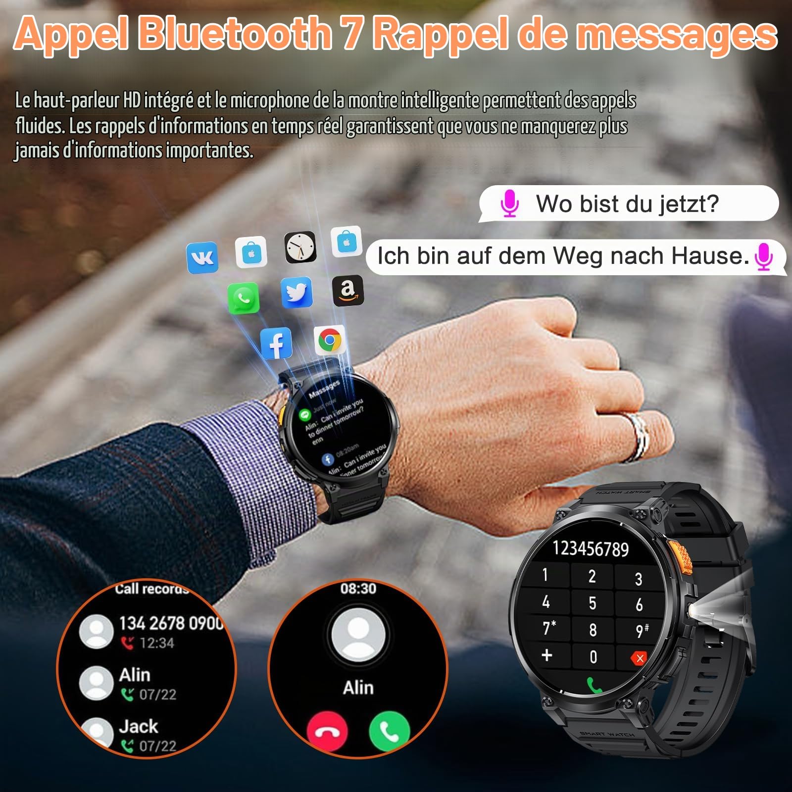 Montre Connectée Homme - 1.85'' HD Grand Écran Montre Connectée avec Torche LED/730mAh/IP68 Étanche, 120 Modes Sportifs, Moniteur de Fréquence Cardiaque/Sommeil/Sp02, Smartwatch Homme pour Android iOS
