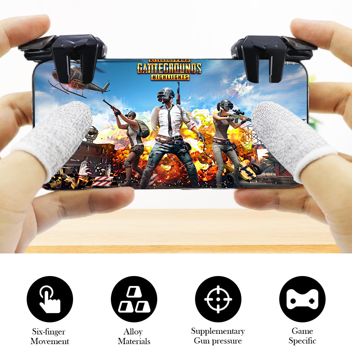 FERCAISH Game-Trigger mit Fingerhüllen, Mobiler Gamecontroller Empfindliche, Fingerschutz-Set Für Game-Trigger Mit Ios/Telefon (1 Paar Game-Trigger + 3 Paar Fingerhandschuhe)