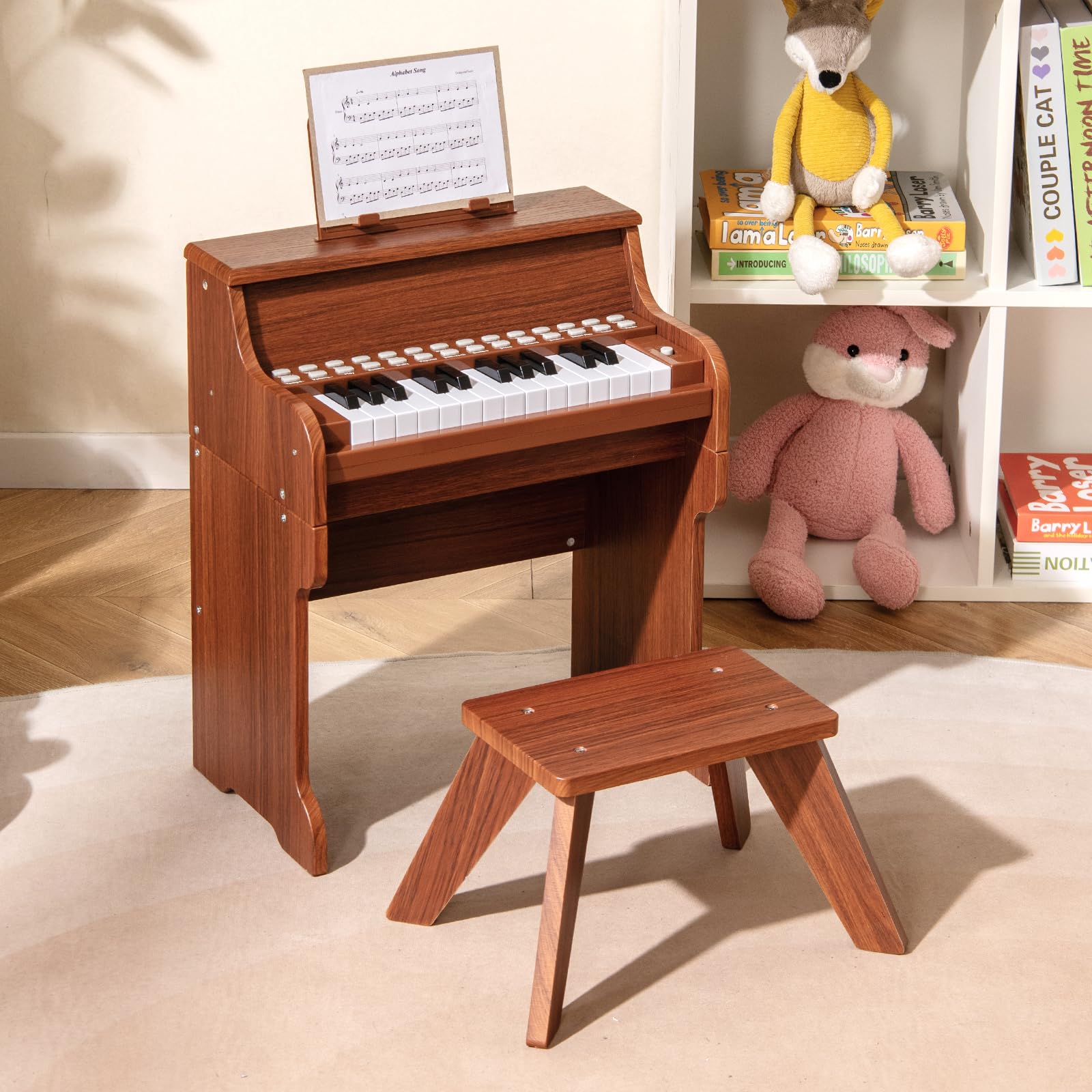 COSTWAY Piano Infantil de 25 Teclas con Taburete y Atril, Órgano Electrónico Niños con Velocidad y Volumen Ajustables, Modo de Enseñanza, Marco Madera, Instrumento Musical para Niños 3+ Años (Marrón)