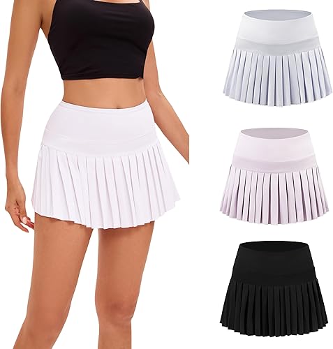 Yknktstc Paquete de 3 faldas de tenis para mujer con bolsillos de cintura alta, pantalones cortos atléticos plisados para deportes y golf