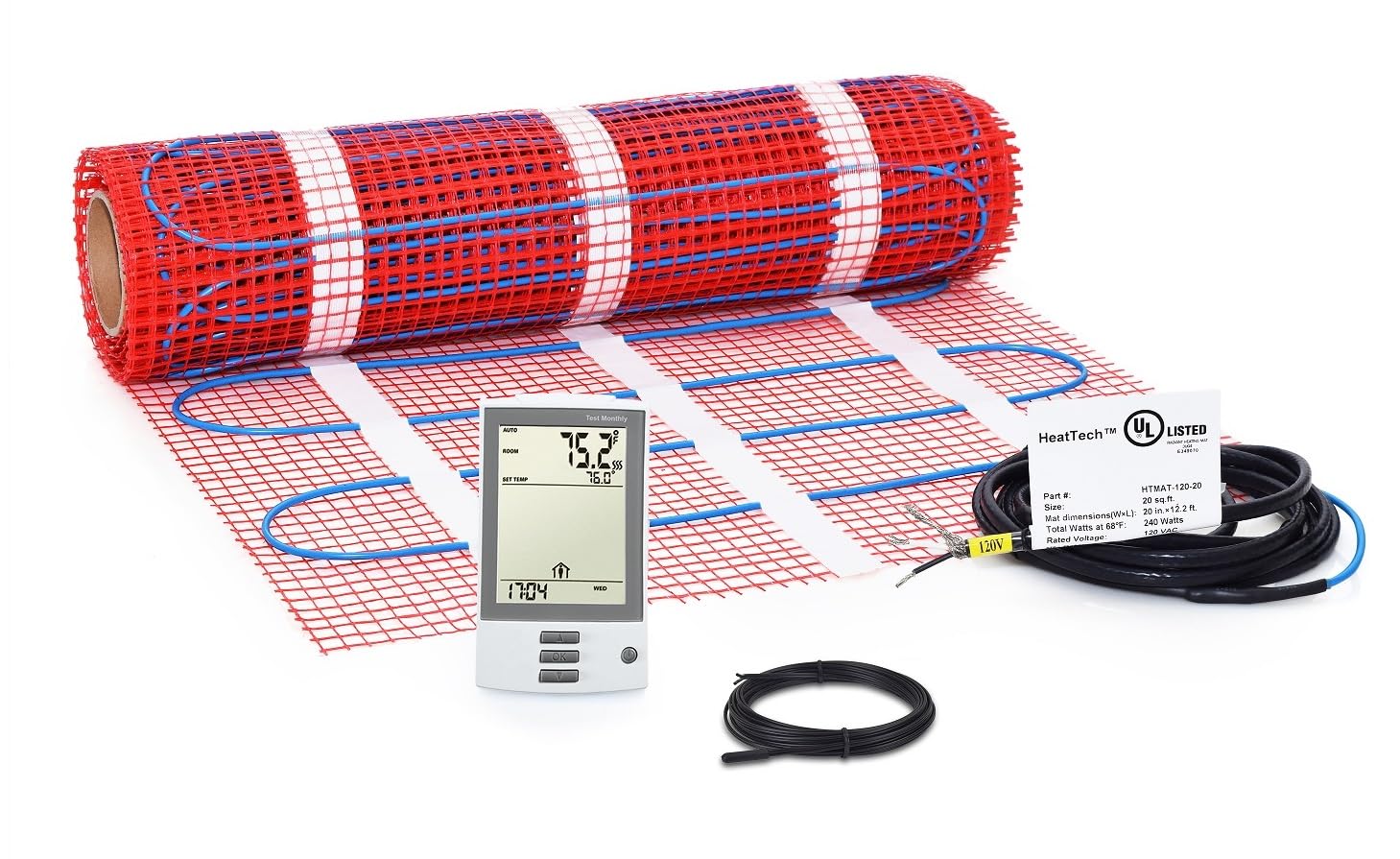 20 sqft HeatTech 240V Electric Tile Radiant Floor Heating Mat Kit for Tile and Stone with OJ Microline Thermostat UDG-4999, GFCI-Protected, Floor Sensor, Adhesive MESH