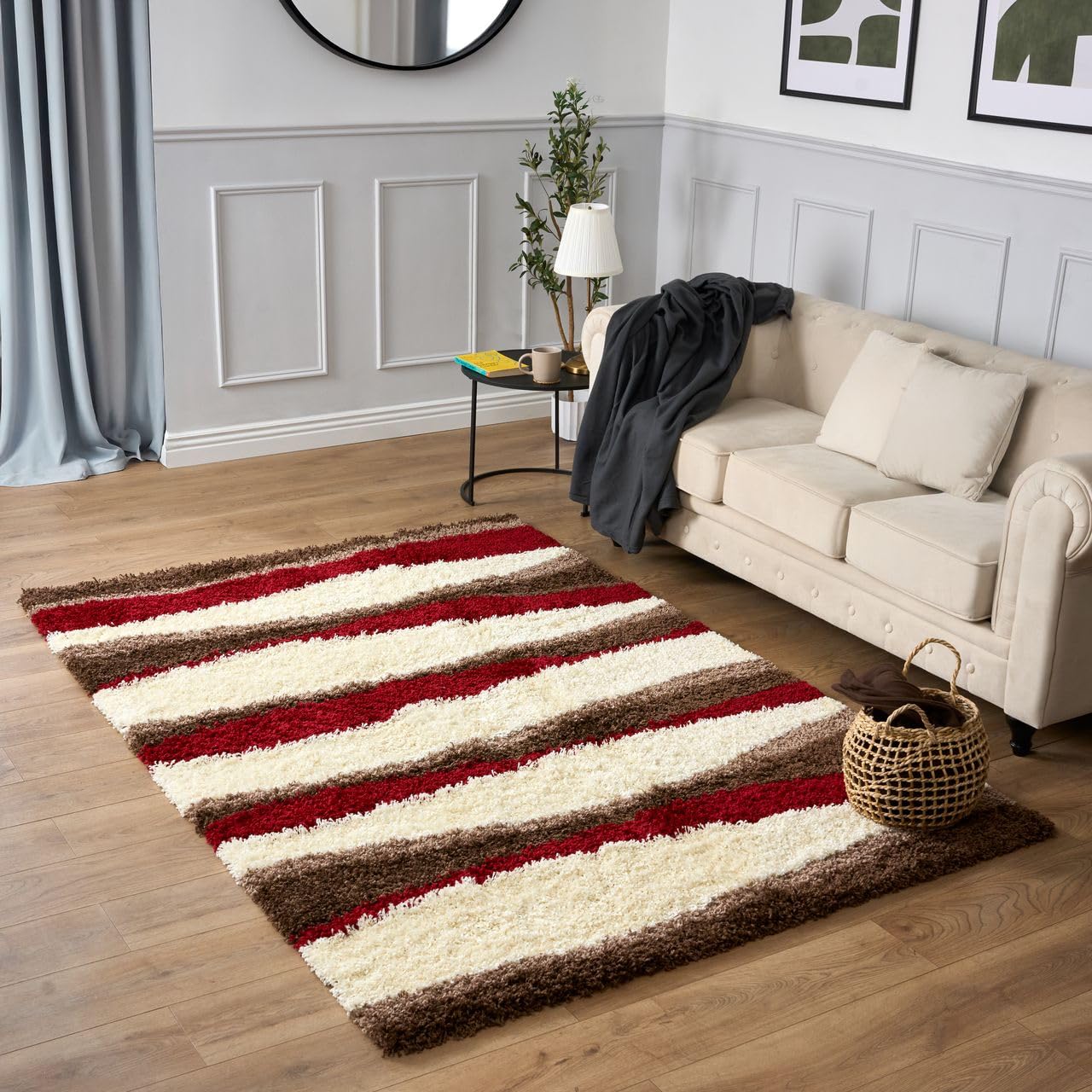 Bravich Extra X-Large Beige Brown Red and Ivory Wave Pattern Stripes Wavy Design Mix Super Soft High Deep Pile Shaggy Area Rug/Living Room Rug Carpet 200 x 290 cm (6ft7 x 9ft6) — image 1