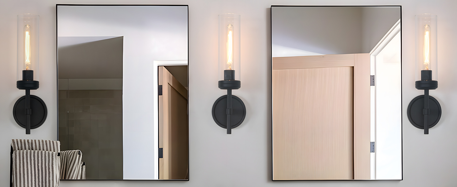 Image of Modern Wall Sconces Set of Two, Black Bathroom Vanity Light with Handblown Clear Glass Hardwired Wall Sconce Light for Bathroom Mirror Bedroom Livingroom Hallway Indoor