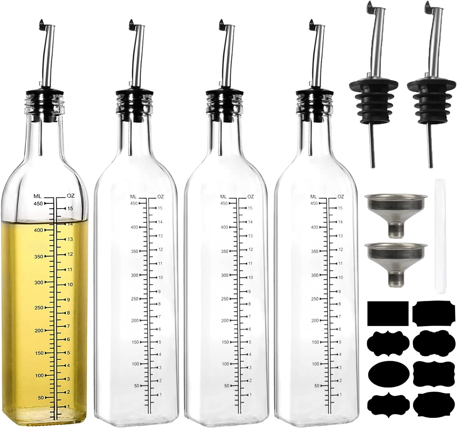 YULEER 4 Pack Oil Dispenser, 17oz Transparent Olive Oil and Vinegar Dispenser Bottles Set, Square Graduated Glass Oil Bottle with Leak-proof & Airtight, Control Dosage Nozzle Plug