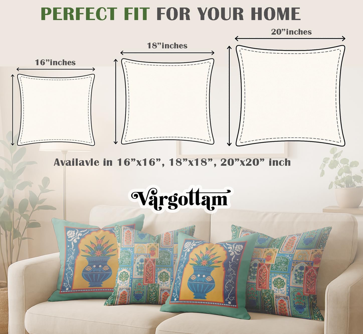 Patchwork Design, Decorative Cushion Covers Set of 4-16x16 Inch, 100% Cotton, Printed on Both Sides, Hidden Zipper, Green