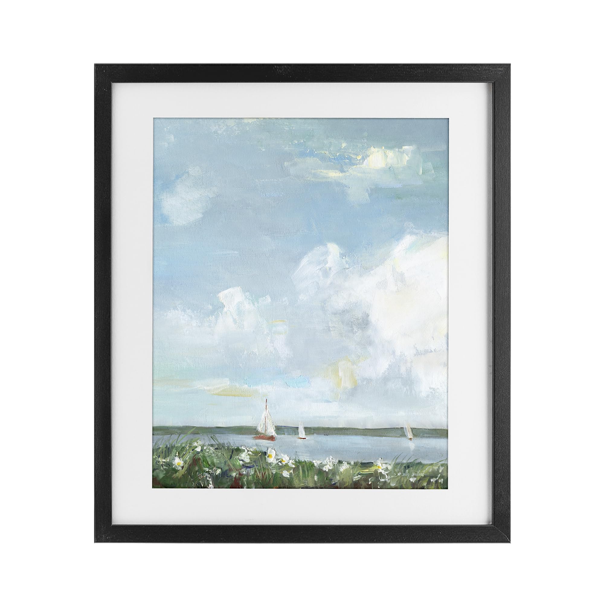 Stupell Industries Midnight Black (Textured) Seaside Sailing Under Clouds, 17 X 21 Inch Framed Print Under Glass