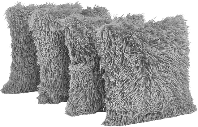Sienna Faux Mongolian Fur Set of 4 Pack Shaggy Cushion Covers 45 x 45 cm Textured Reversible Fleece Chair Sofa, 18" x 18" - Silver Grey
