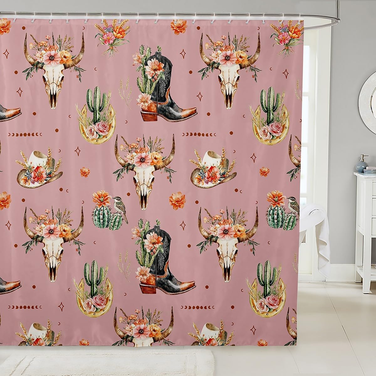 Feelyou Western Bath Curtain White and Black Cowboy Cow Shower Curtain Cowboy Bathroom Shower Curtain Set Desert Cactus Kids Bathroom Accessories 72"x78"