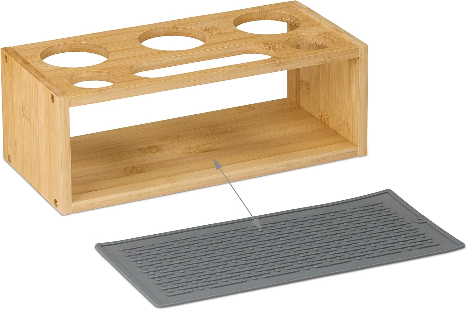 Relaxdays Bamboo & Silicone Bottle Drying Rack, 3 Bottle Stands, Compatible with Sodastream & Other Water Carbonators, Natural/Grey