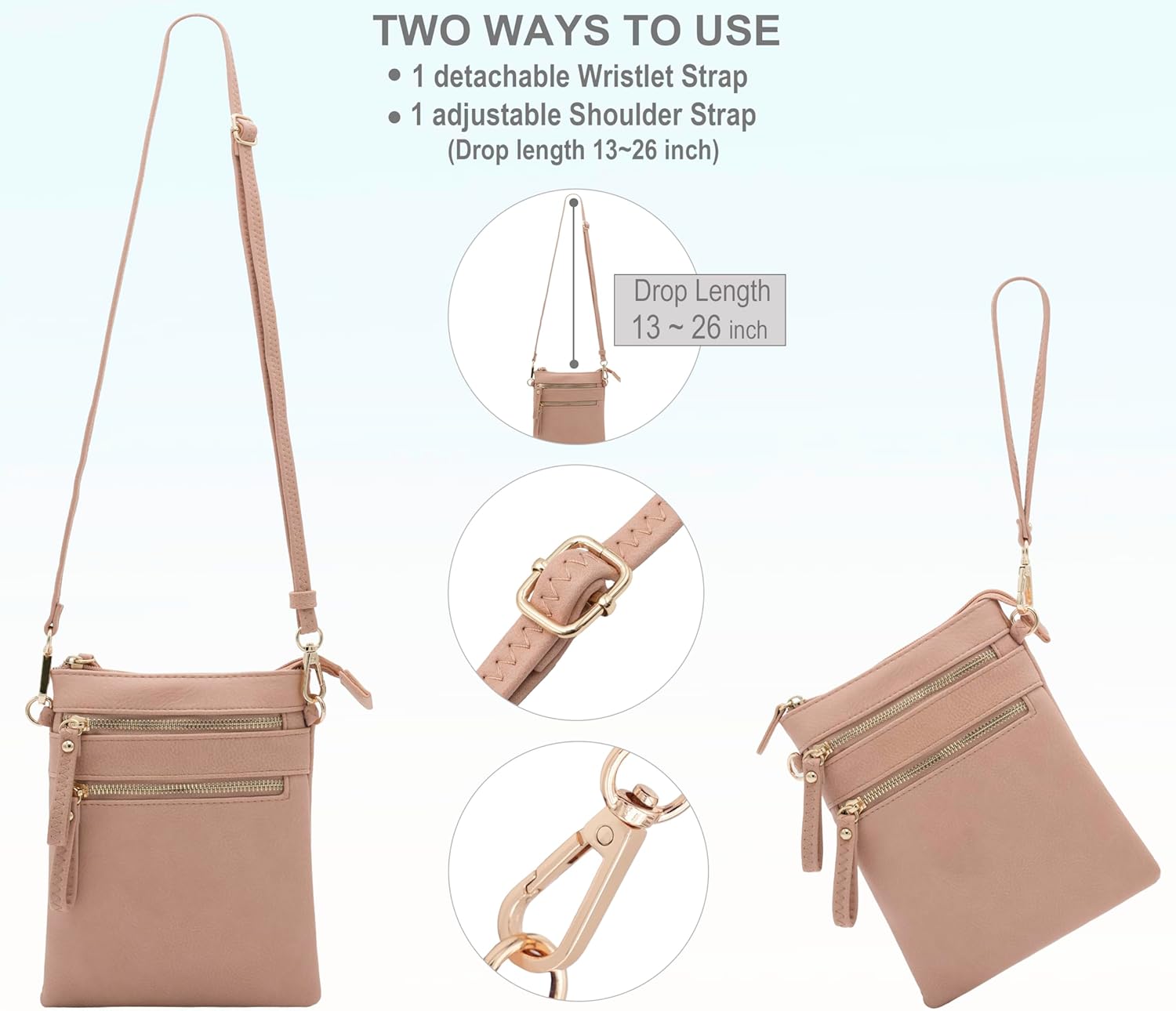 Solene Small Crossbody Bag for Women, Multi Zip Pockets with Detachable Wristlet, Lightweight Travel Purse, Cell Phone Pouch - Image 6