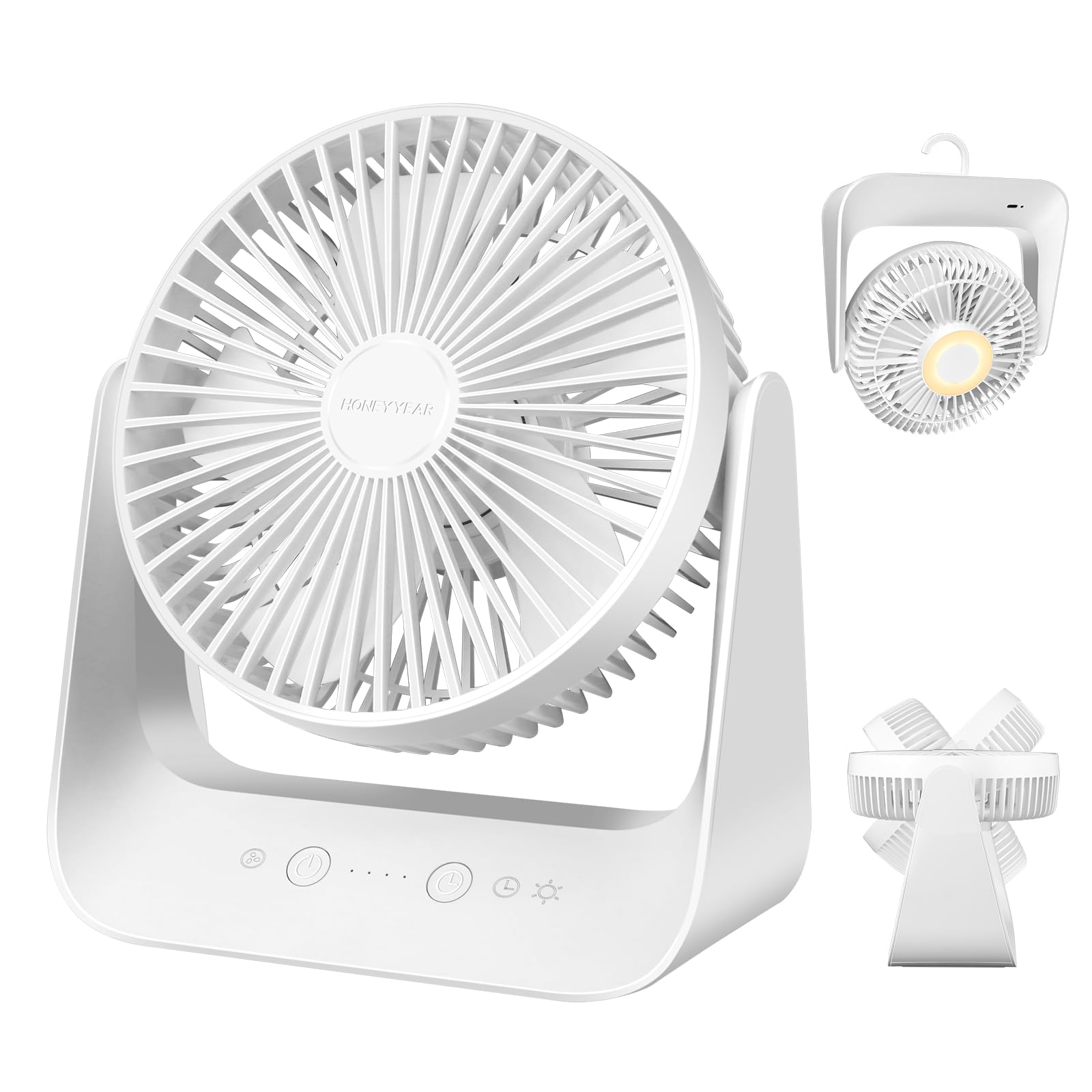 HONEYYEAR 5000mAh Small Desk Fan 6-Inch, Portable Desktop Fan with Intelligent temperature control function,Small Battery Operated USB Fan with Light & Hook for Bedroom, Home, Office, Travel & Cruise