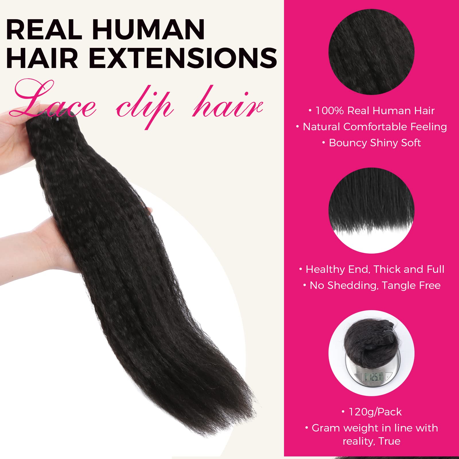 Lashey Kinky Straight Clip in Hair Extensions for Women 20 Inch 7pcs 120g Natural Black Remy Human Hair Extensions Thick Hair with Lace Weft Clip Ins - Image 3