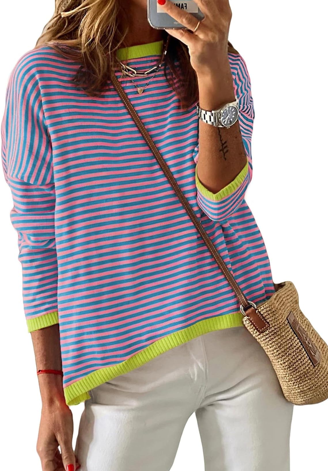 Women's Long Sleeve Sweaters Casual Crewneck Fashion Spring Striped Color Block Shirts High Low Pullover Sweater Tops