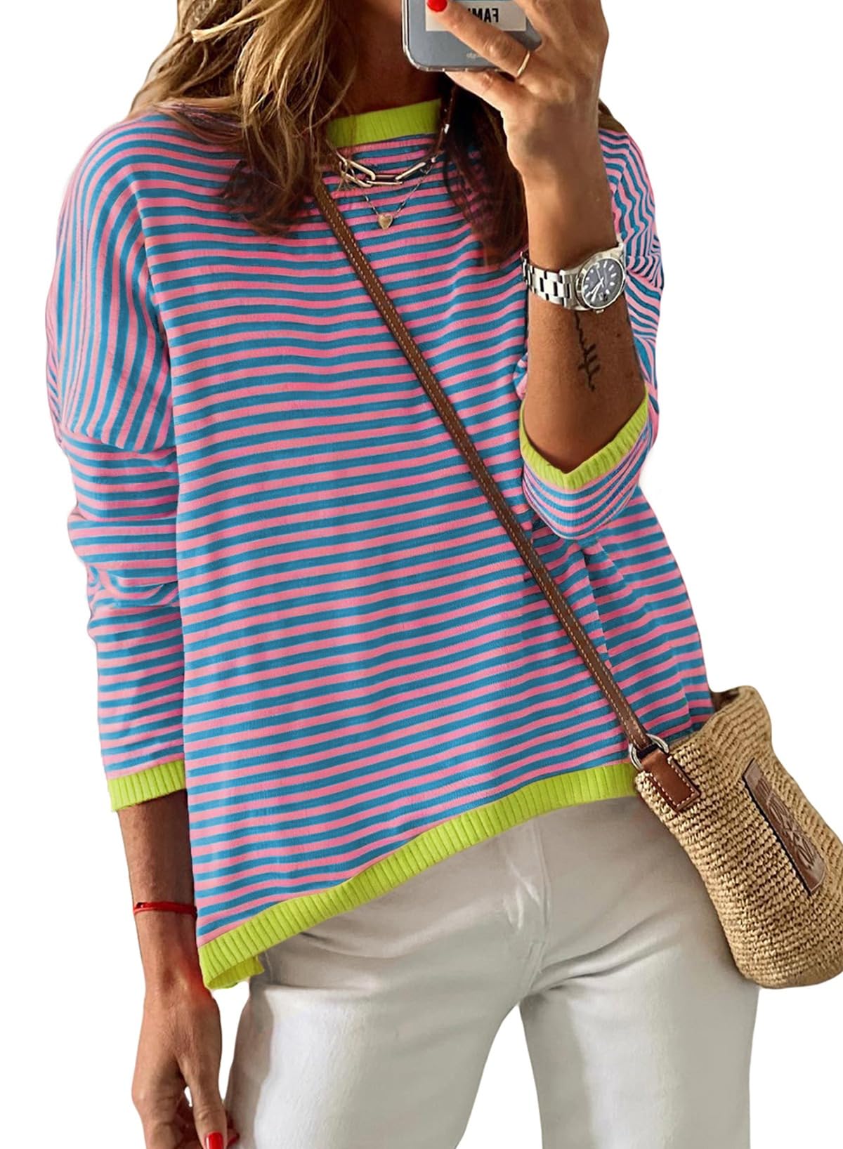 DokotooSweaters for Women Casual Long Sleeve Crewneck Striped Color Block Shirts High Low Pullover Sweater Tops