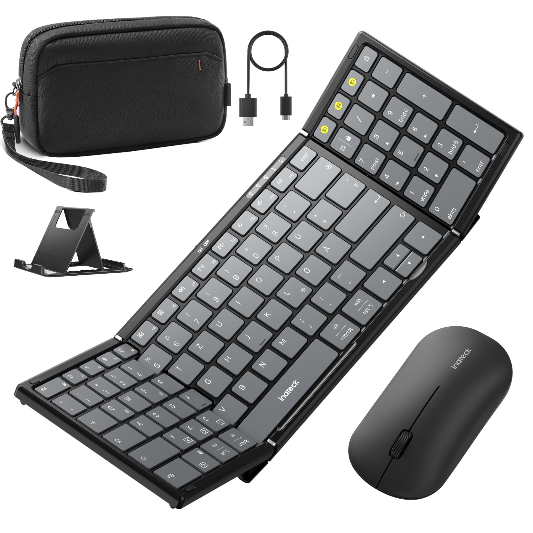 Inateck Faltbare Bluetooth 5.3 tragbare Tastatur und Tri-Mode-Maus-Set mit Numpad, verstellbarem Ständer, Tragetasche, kompatibel mit Tablets, Handys, Laptops, PCs (Windows/iOS/Android)