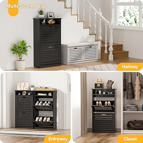 Miniatura 7 de TENNTOU Armario de almacenamiento de zapatos con 2 cajones abatibles y cubito superior, armario de zapatos para entrada delgado, armario de pie para