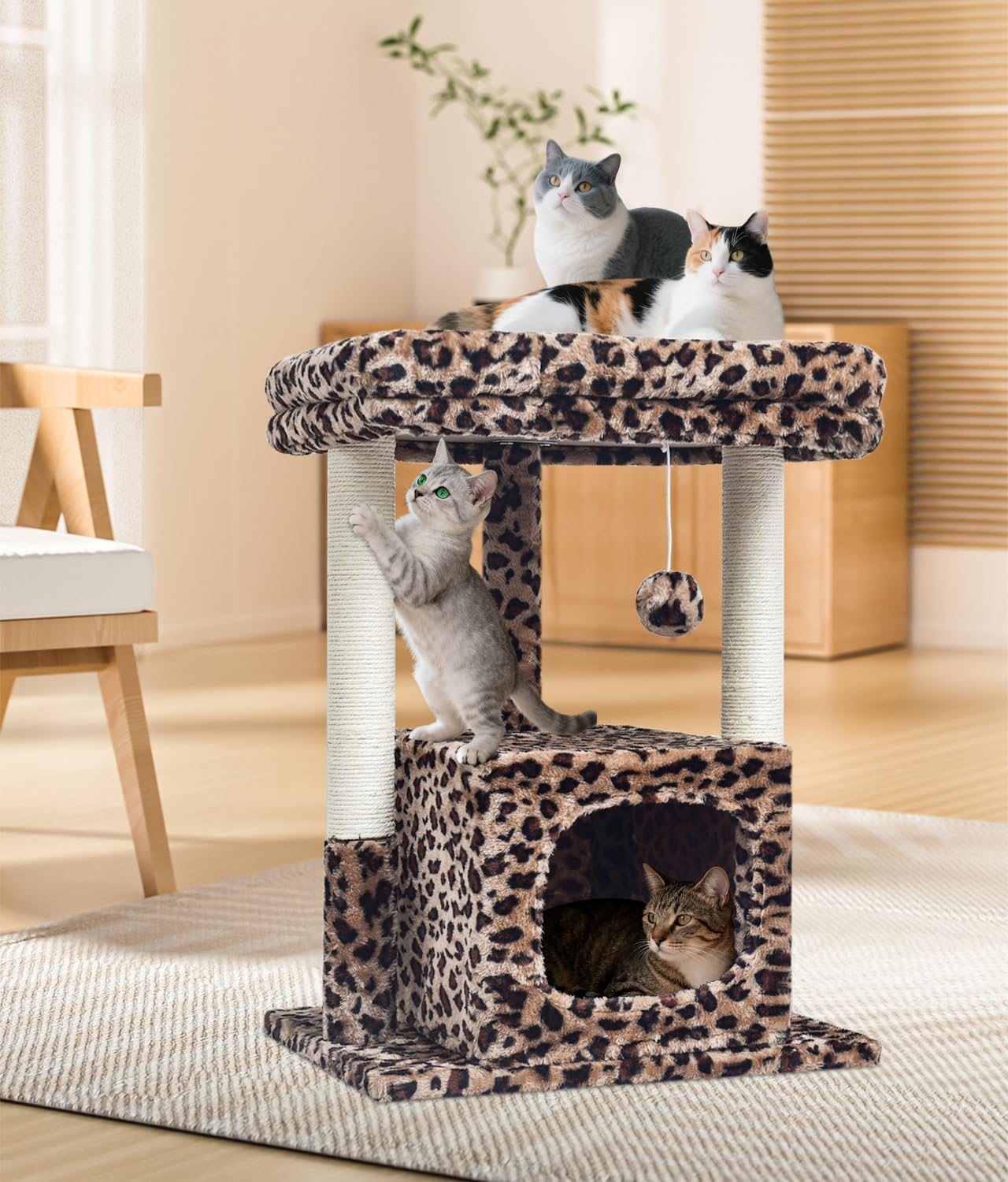 SYANDLVY 27" Cat Tree for Indoor Cats, Activity Tower with Scratching Posts, Modern Kitten Condo with Plush Perch & Hanging Ball for Play, Leopard Print