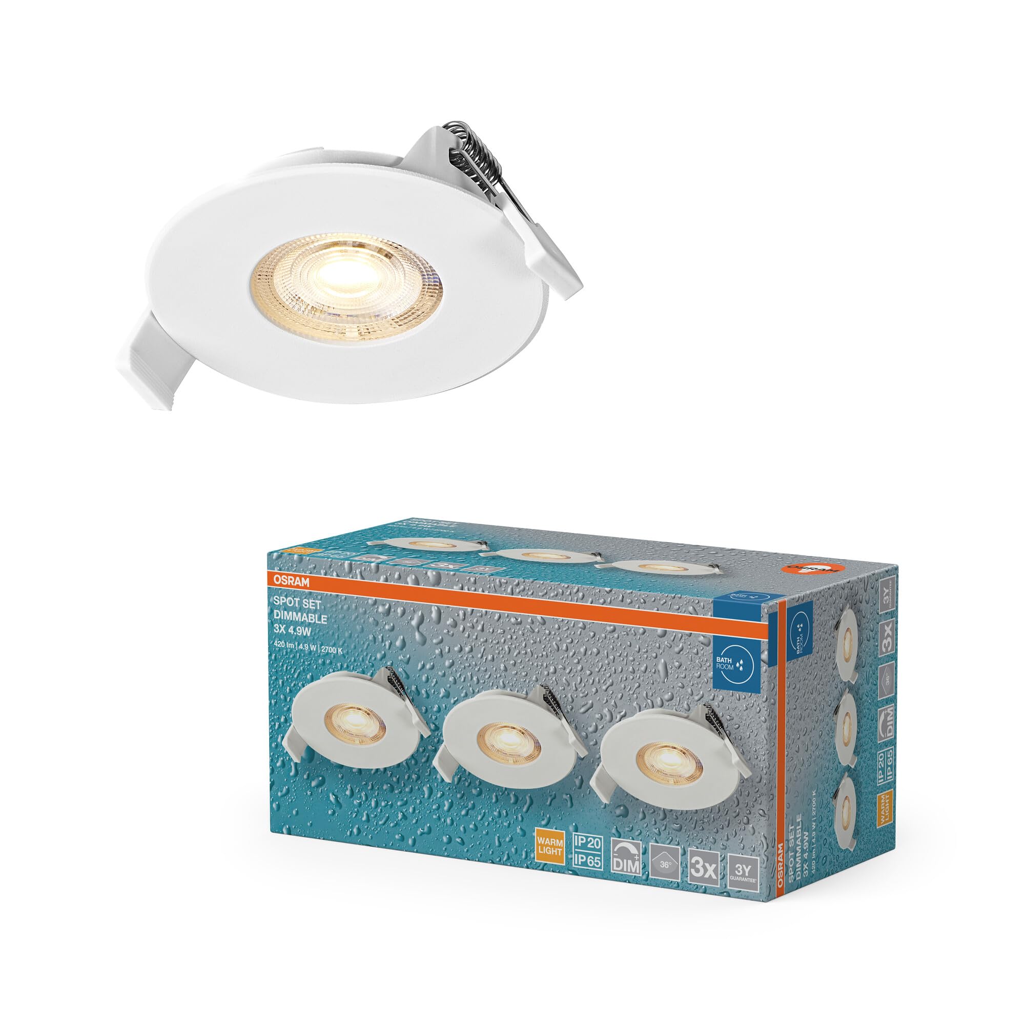 Osram Spot Set Spot LED encastrable DIM IP65 4,9W Blanc, lot de 3 extérieur dimmable, blanc chaud 2700K, extérieur