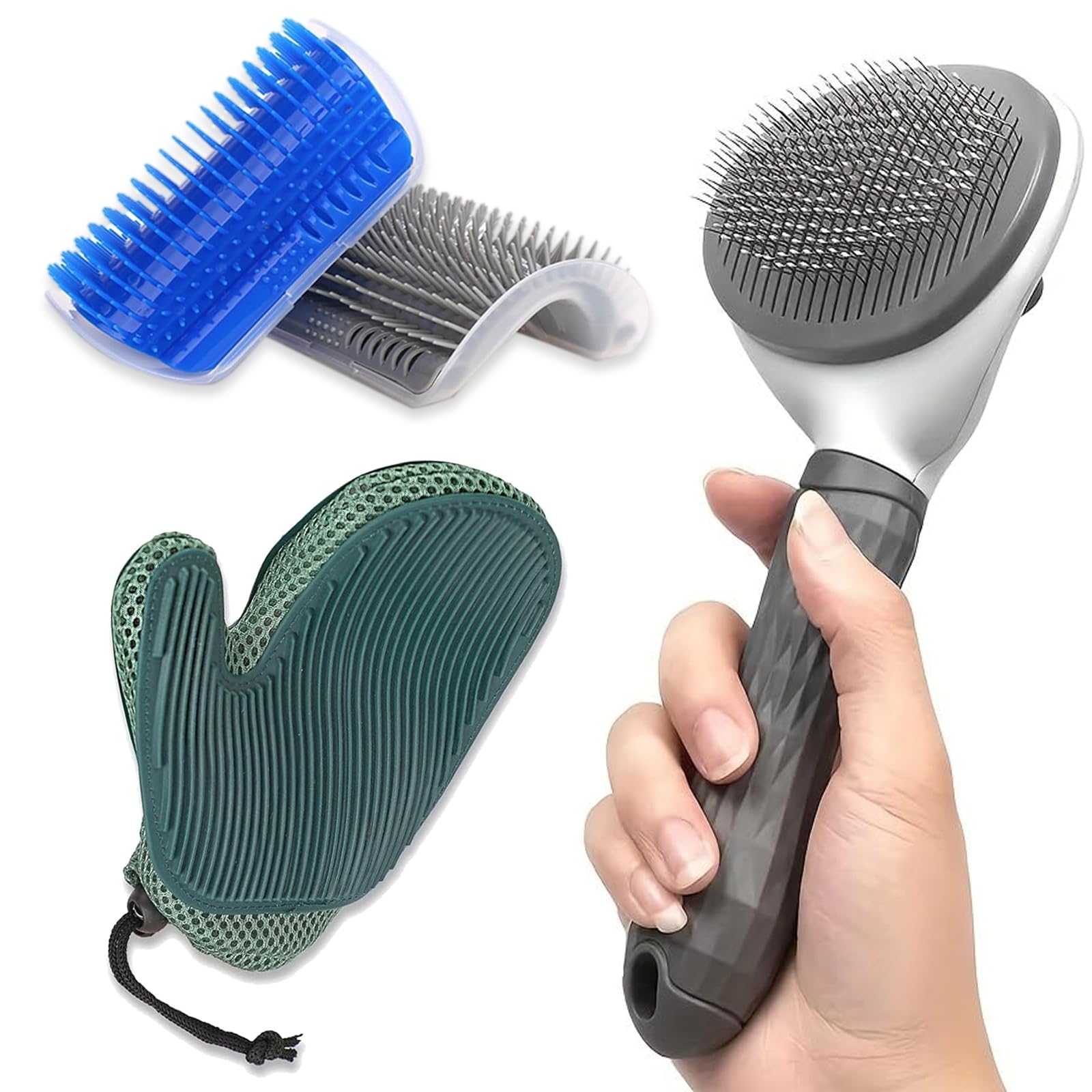 4-in-1 Pet Grooming Kit for Dog Brush, Self-Cleaning Slicker Cat Brush, Massage Grooming Glove and Cat Corner Scratcher, Effortlessly Remove Shedding