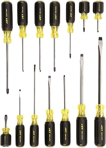 JET Screwdriver Set - Comfortable Cushion Grip Handles with Engraved Tip Type, Slot Square, Slot Round, Cabinet, Phillips, Square Tips - Chrome Plated SVCM Tool Steel - 14 Pieces