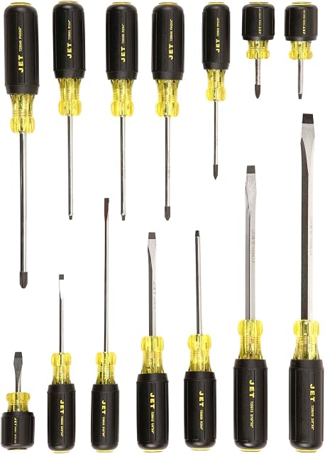 JET Screwdriver Set - Comfortable Cushion Grip Handles with Engraved Tip Type, Slot Square, Slot Round, Cabinet, Phillips, Square Tips - Chrome Plated SVCM Tool Steel - 14 Pieces