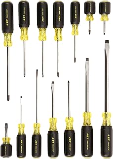 Screwdriver Set - Comfortable Cushion Grip Handles with Engraved Tip Type, Slot Square, Slot Round, Cabinet, Phillips, Square Tips - Chrome Plated SVCM Tool Steel - 14 Pieces