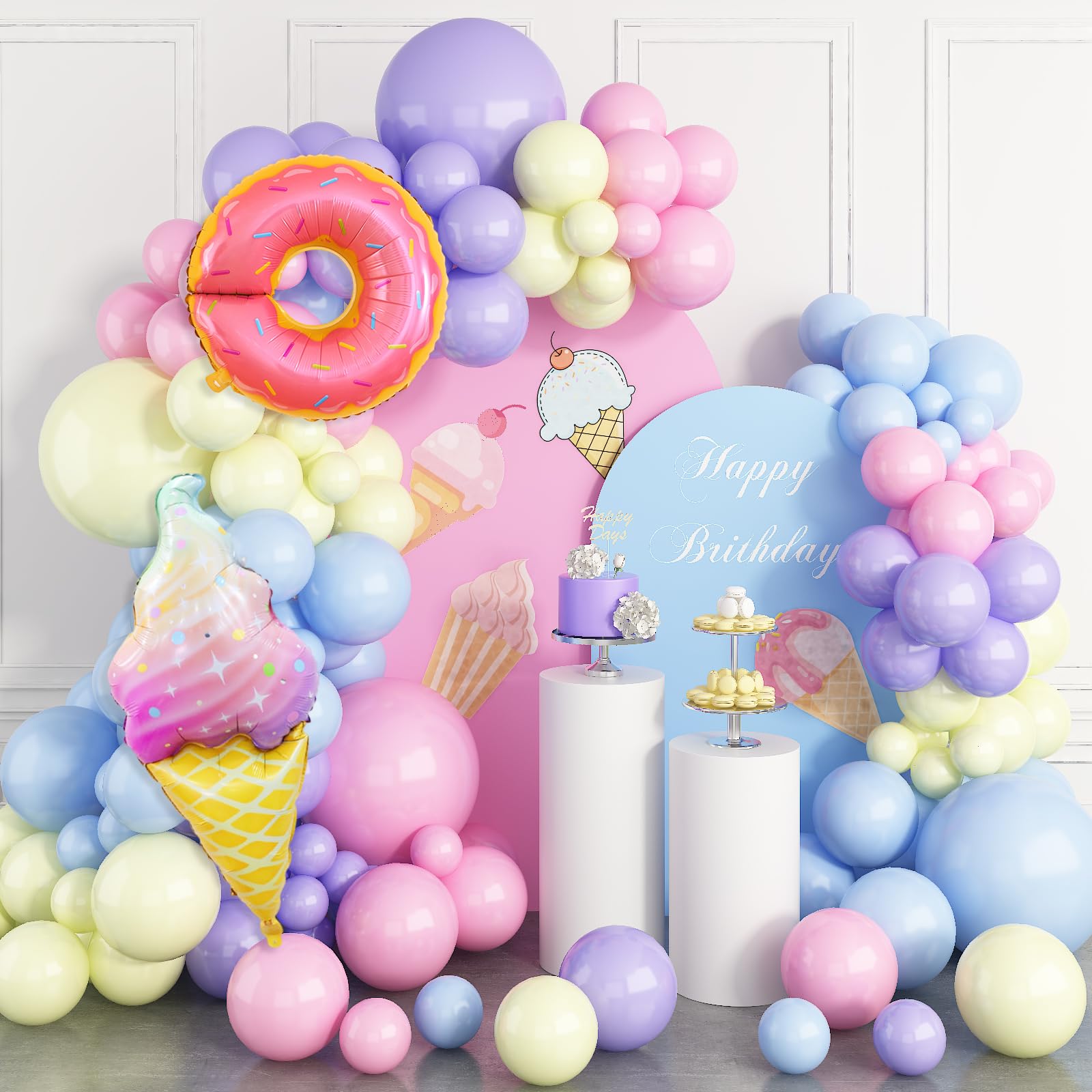 Ice Cream Party Decorations,Pastel Rainbow Balloon Arch With Donut Sweet Ice Cream Foil Balloons for Kids Donut Grow Up Baby Show