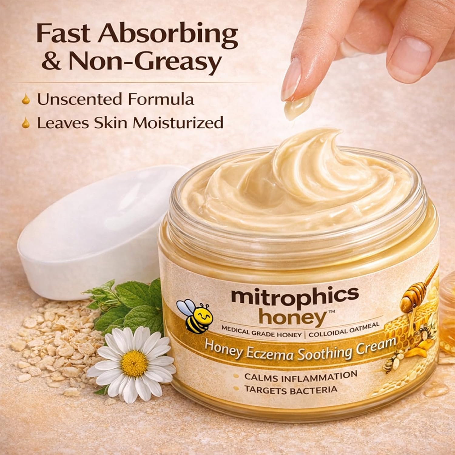 Mitrophics Honey Eczema Soothing Cream - with Manuka Honey, Colloidal Oatmeal & Natural Oils, Natural Lotion, for Relieving Dry Skin on Hands and Body. Fast-Absorbing & Non-Greasy, Unscented(1pc)