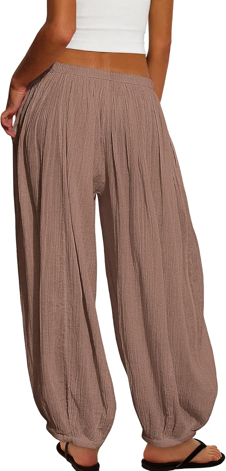 ReachMe Womens Balloon Harem Pants Sheer Summer Elastic Waist Baggy Pants Beach Vacation Outfits