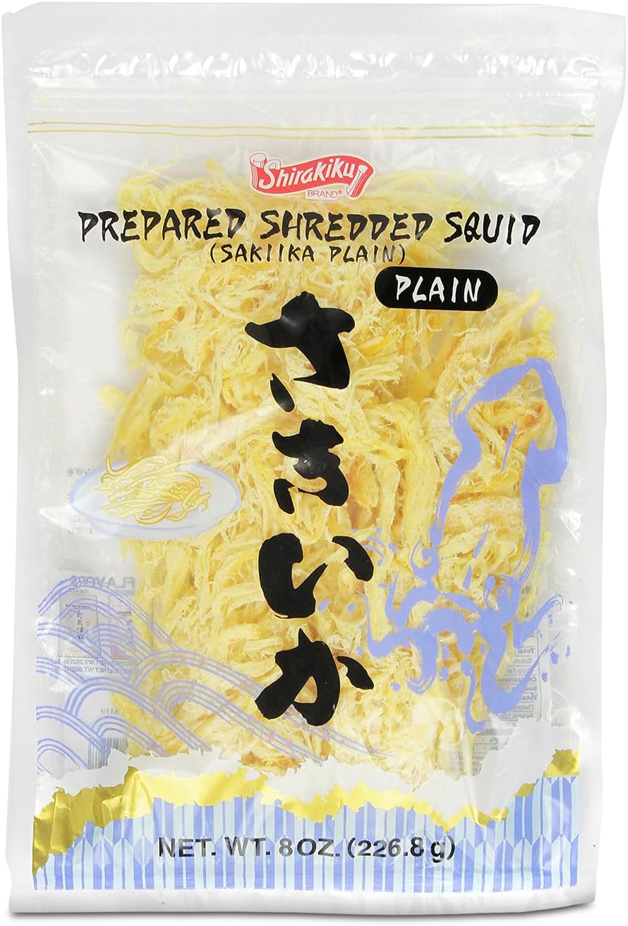 Shirakiku Prepared Shredded Squid | Saki Ika Plain Flavour Dried Squid | Savory Asian Seafood Snack, Low-Fat, Low-Calorie Dried Seafood Treat, 8 oz (Pack of 1)