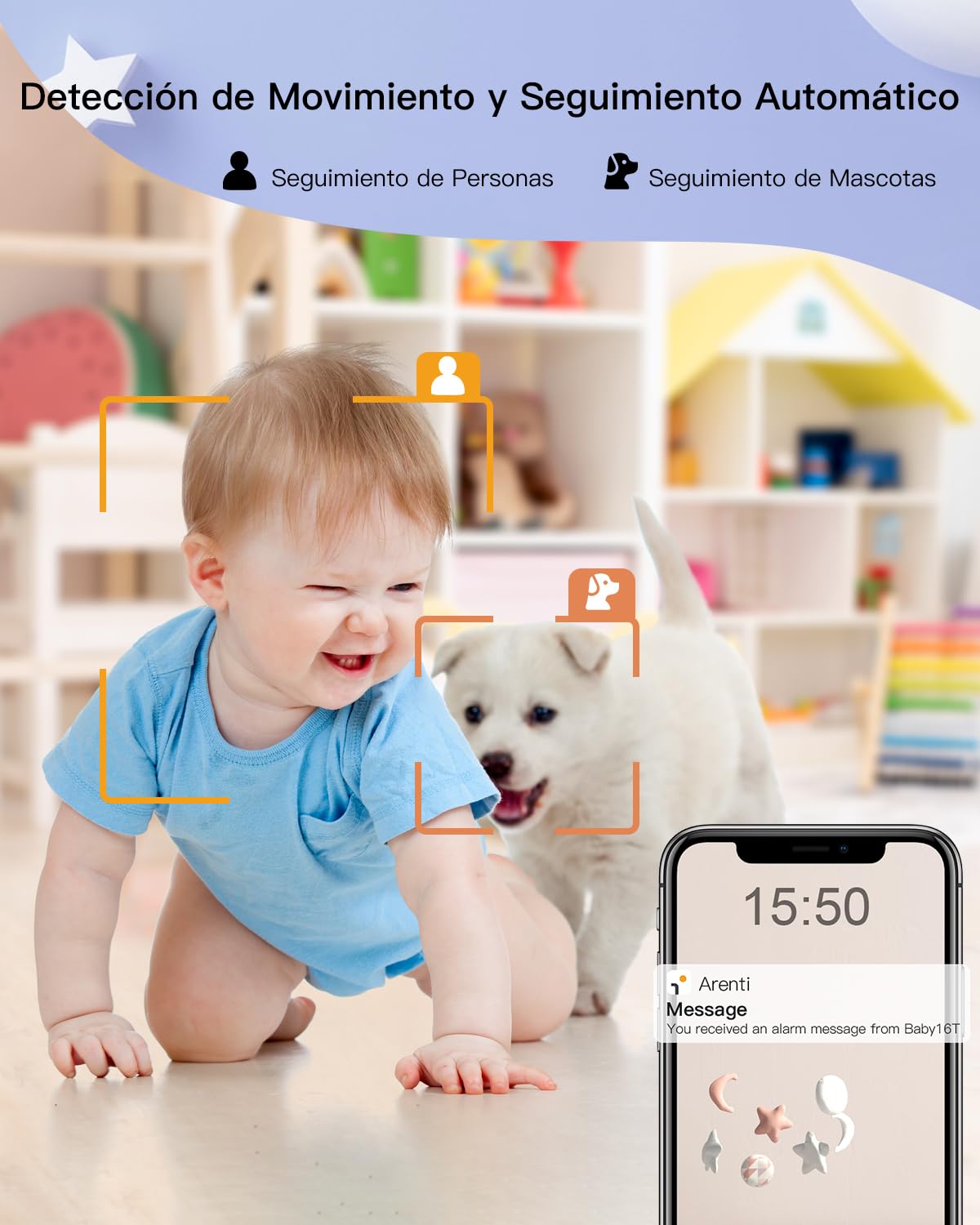 ARENTI 2K/3MP Camara Vigilancia Bebe con 5" Monitor, 2,4GHz WiFi Vigilabebes con Camara, Detección del Llanto, Detección de Temperatura y Humedad, Visión Nocturna, Audio Bidireccional con Alexa & App
