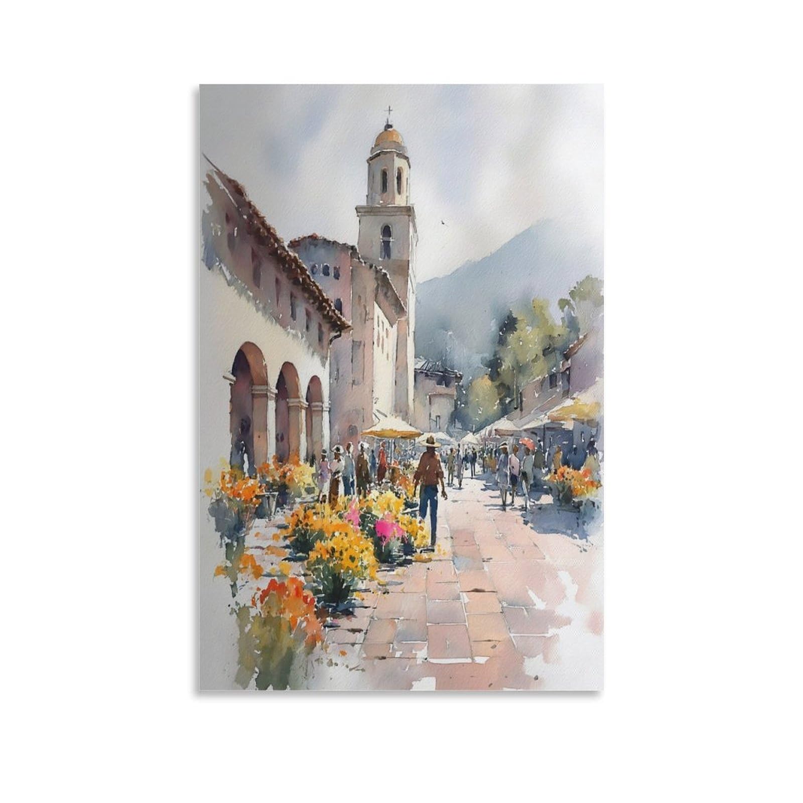 XWYMXZ Puerto Rico Flower Market Watercolor 24x36inch(60x90cm) Vintage Travel Poster Watercolor Canvas Art