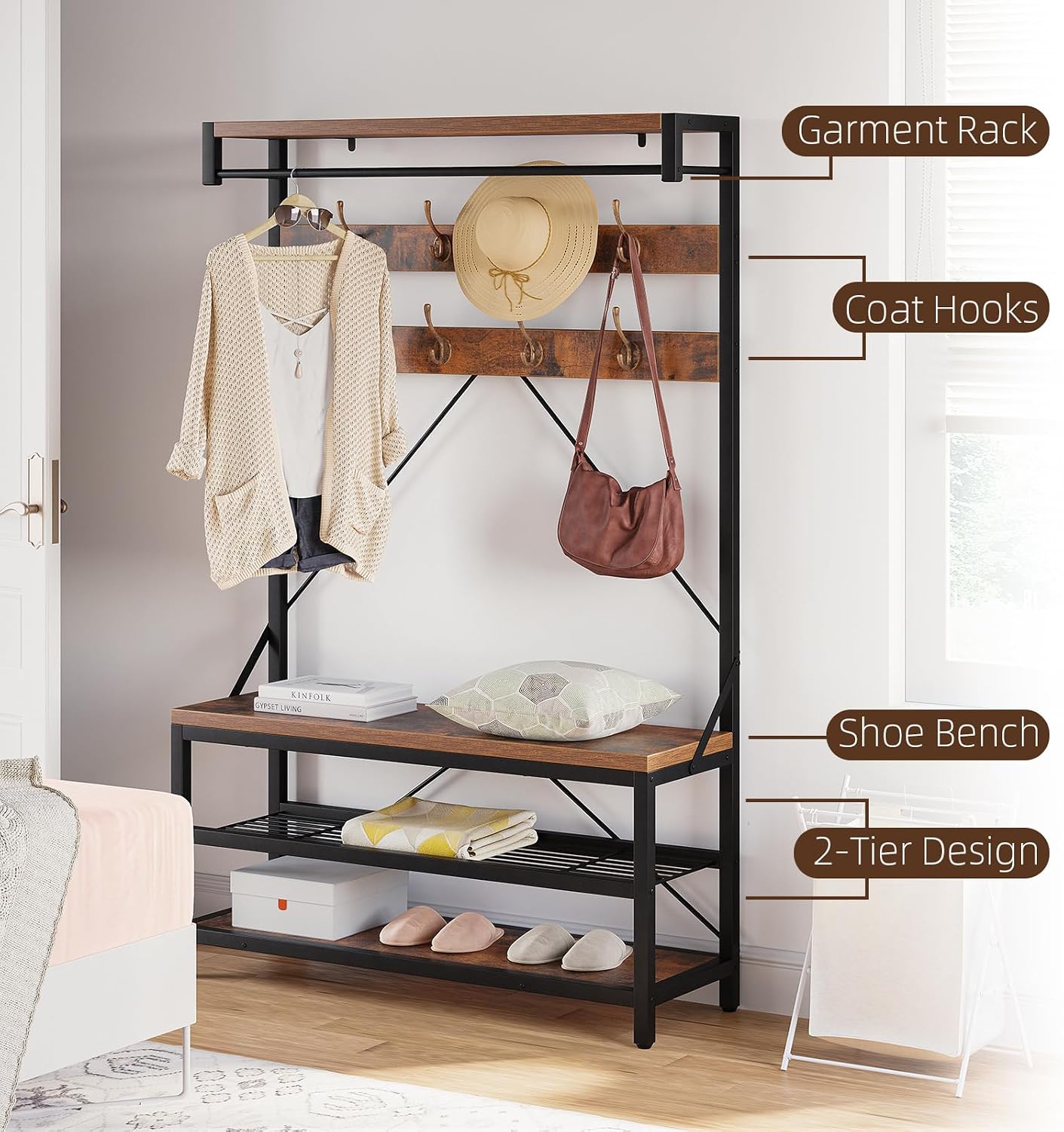 40" Hall Tree with Bench and Shoe Storage, Industrial Coat Rack Shoe Bench w/Storage Shelf Hanging Bar & 8 Hooks, Storage Rack Shoe Tree for Entryway Mudroom (Brown)
