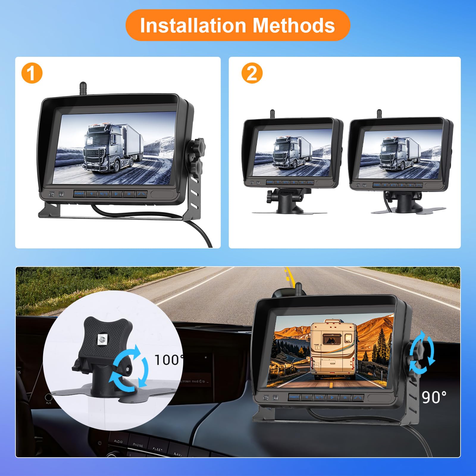 VECHTEL Caméra de Recul Moniteur sans Fil 1080P, Kit Moniteur avec Écran IPS 7 Pouces pour Camion, Bus, Camionnette, Camping Car, Pick-up, IP68 Waterproof, Vision Nocturne, Lignes de Conduite DIY