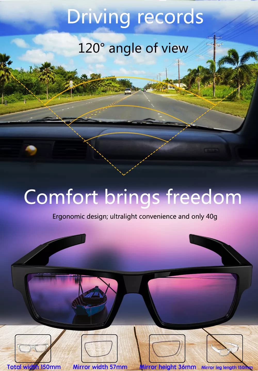 TECHNOVIEW WiFi Glasses demonstrating 120-degree field of view for recording and product dimensions.