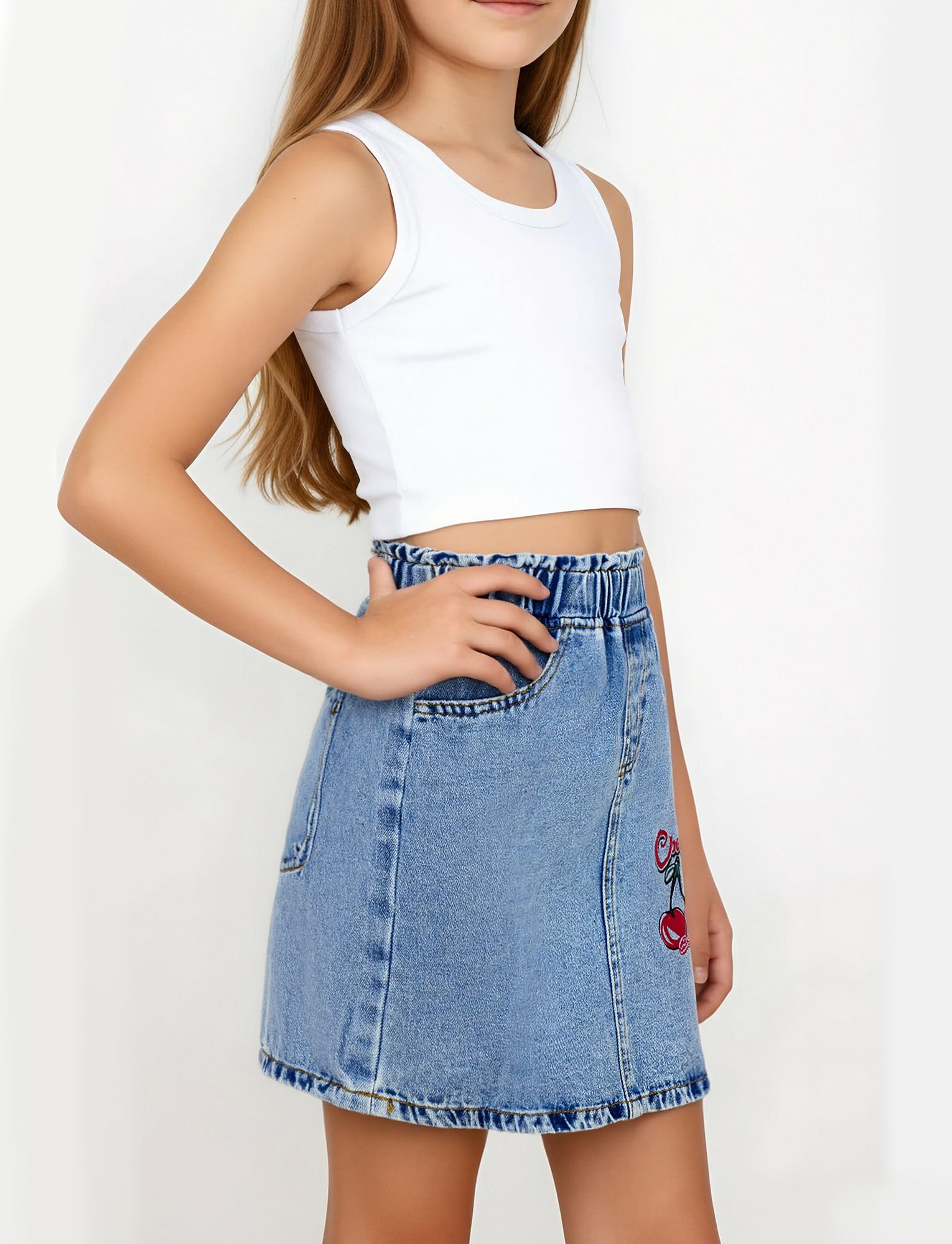 Maeau Gonna corta in jeans da ragazza, gonna corta estiva a vita alta, linea ad A, in denim lavato, con tasche, 8-12 anni