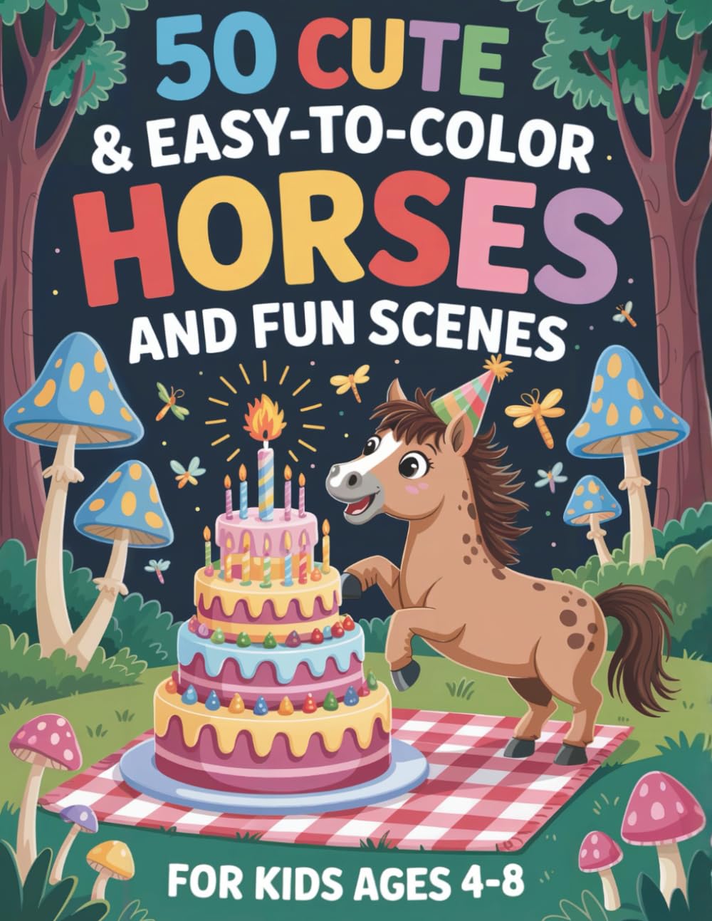 Horse Coloring Book for Kids Ages 4-8: 50 Cute & Easy Pages of Horses and Fun Scenes