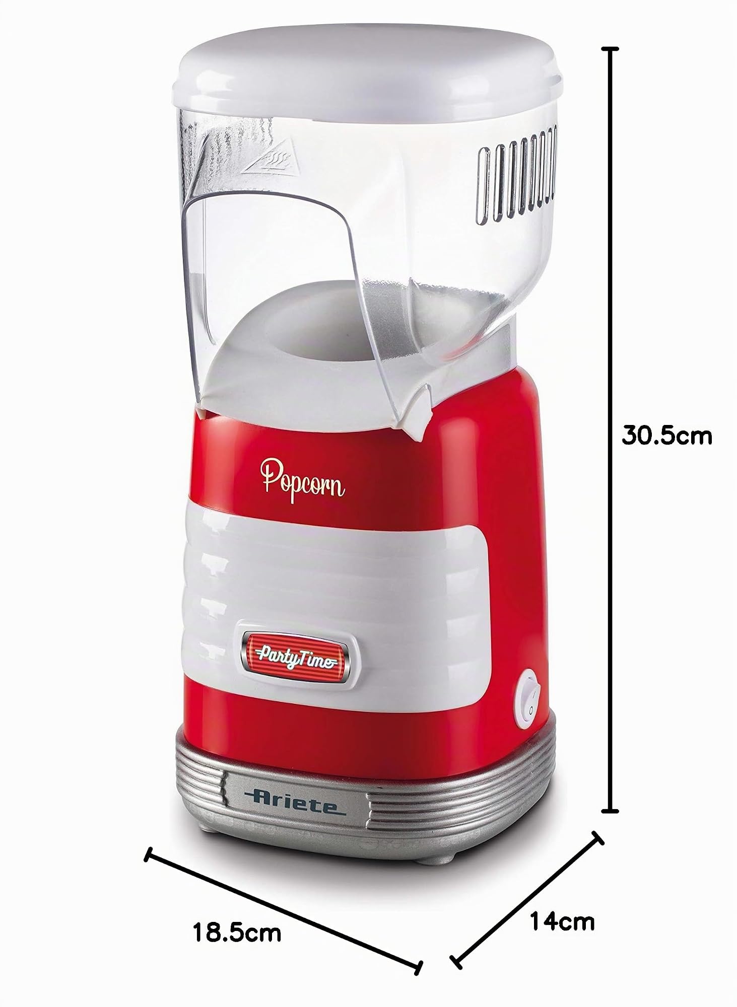 Ariete Pop Corn Party Time 2956, Popcornmaschine mit Heißluft-Funktion, Inklusive Dosiervorrichtung, 60g Popcorn in 2 Minuten, 1100 W, Rot