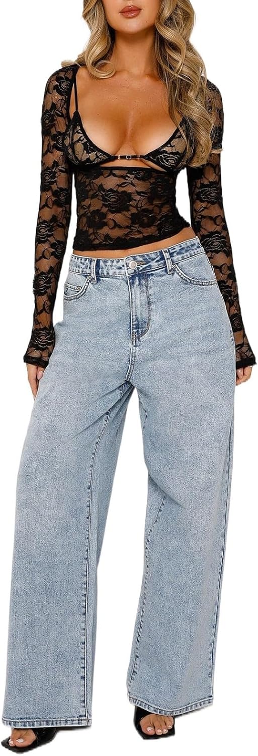 Women Lace Long Sleeve Shirt Top Y2K Slim Fit Crop Top Sexy Lace Low Cut Top Tee Club Streetwear - Image 4