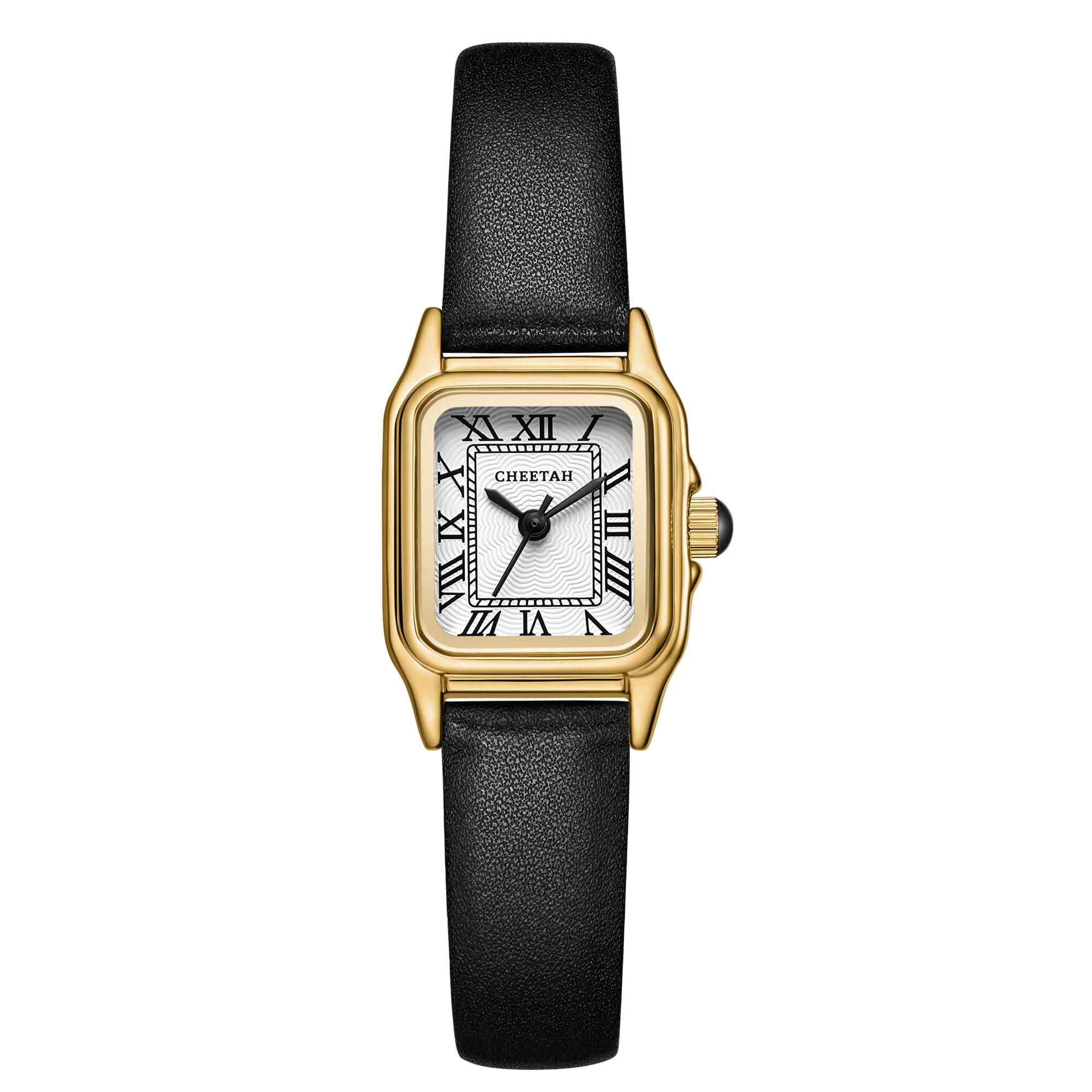 CHEETAH Women's Leather Strap Watch, Small Vintage Rectangle Case, Roman Dial, L/Black/Gold/White, Vintage