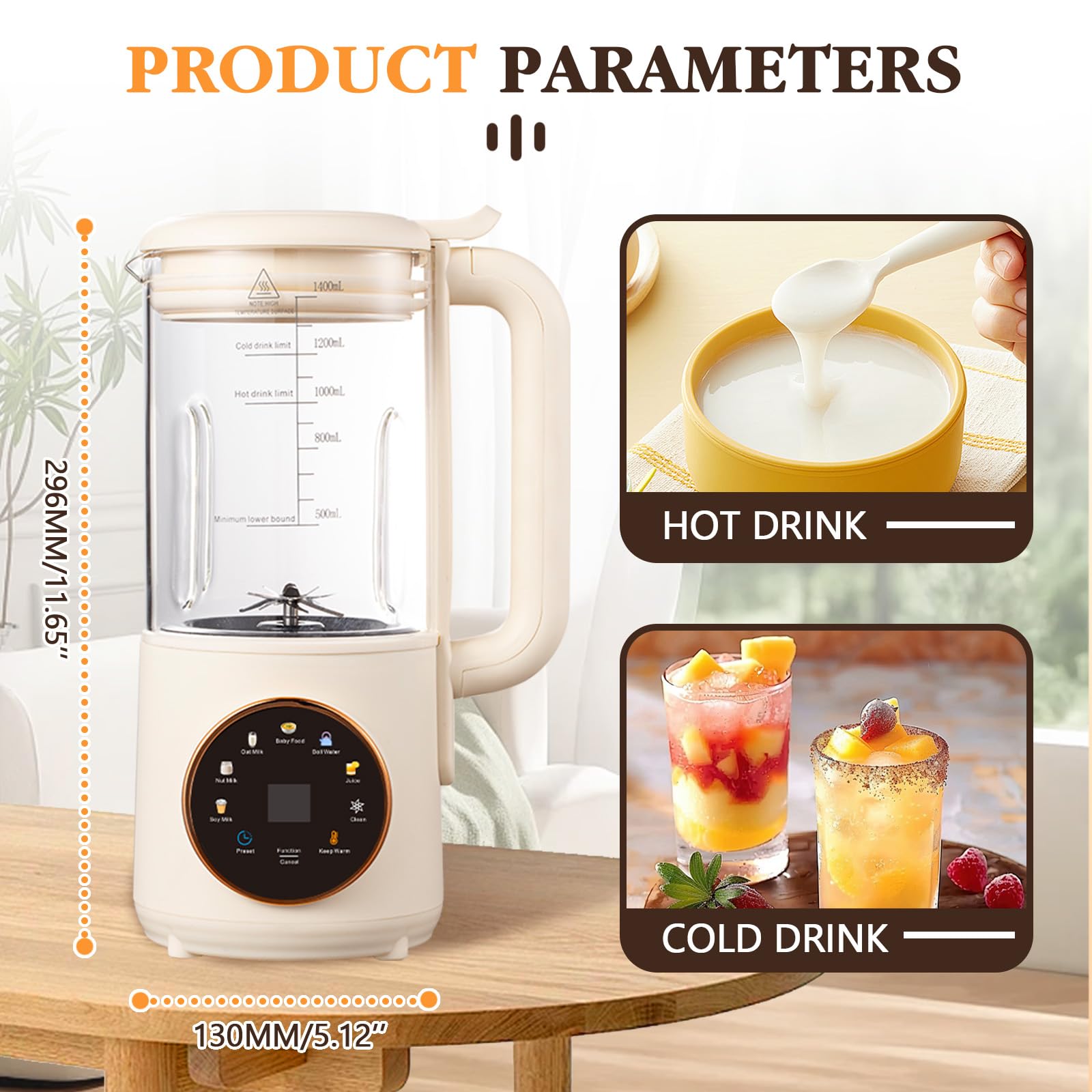 Machine automatique de préparation de lait végétal, 8 en 1, 1400 ml, 16 lames, retard de départ, presse-agrumes