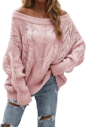 LAJIOJIO Womens Sexy Off The Shoulder Sweaters Oversized Knit Long Sleeve Crochet Pullover Sweater Top