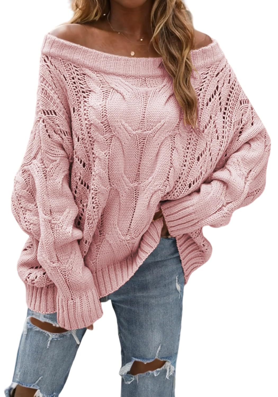 LAJIOJIO Womens Sexy Off The Shoulder Sweaters Oversized Knit Long Sleeve Crochet Pullover Sweater Top